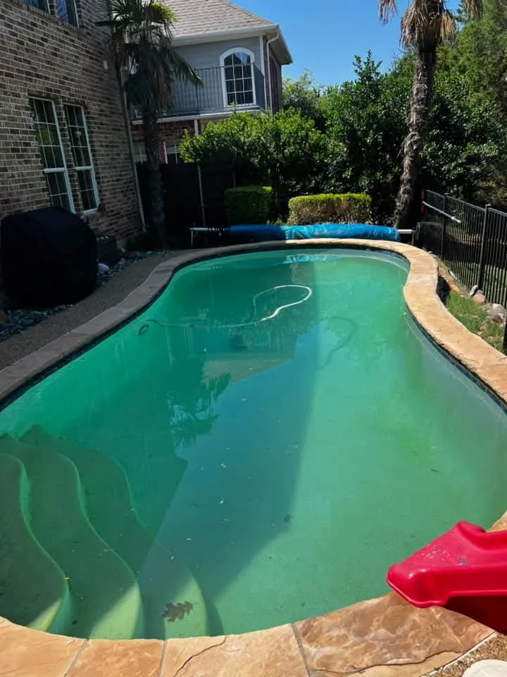 Green pool before weekly cleaning service in Wylie, TX
